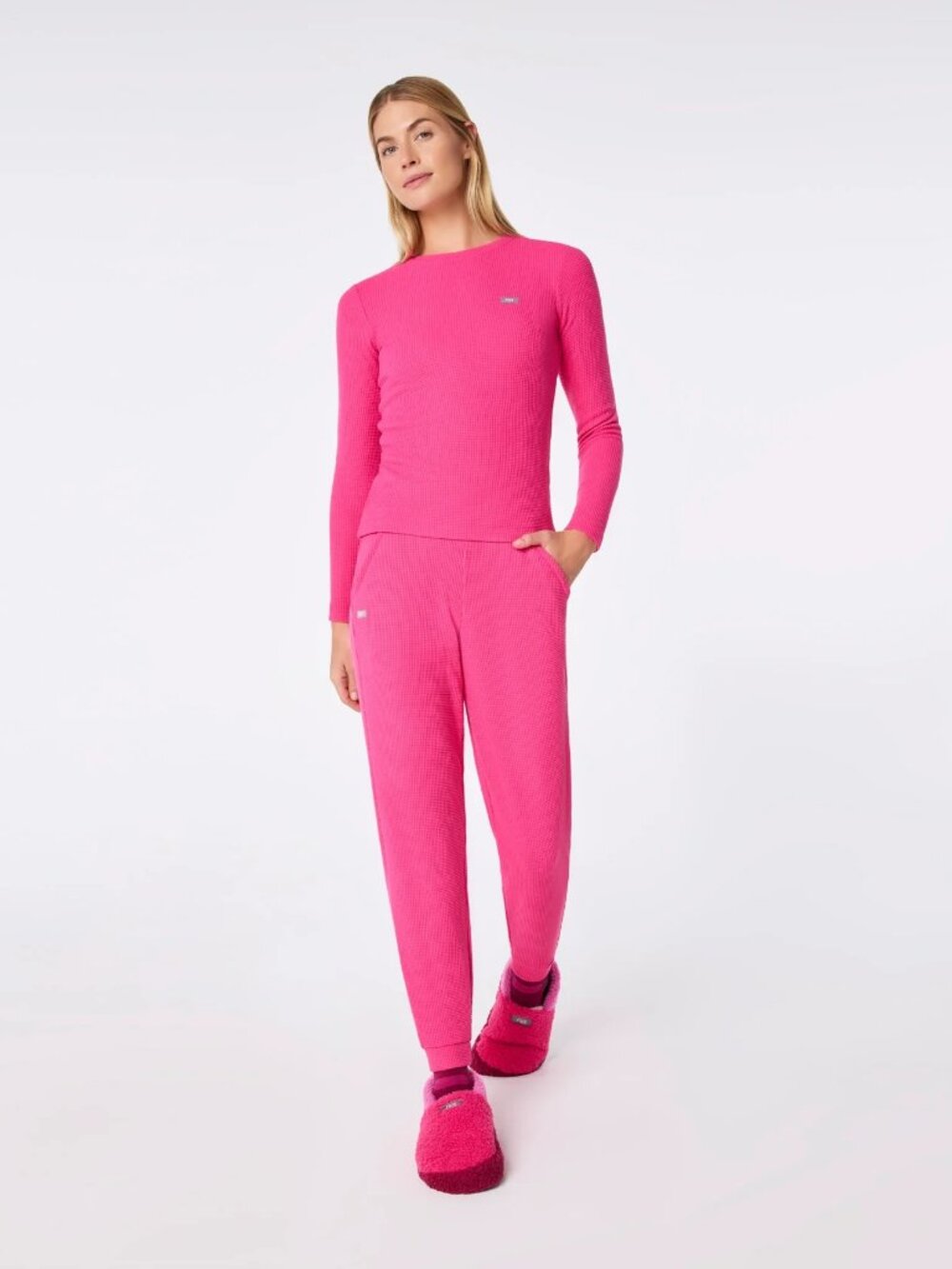 FIGS Shocking Pink Off-Shift Waffle Lounge Set